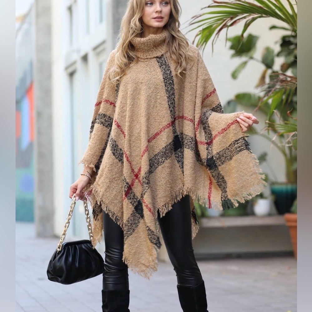 Passion 4 Gadhion Plaid Tan Poncho Sweater OS